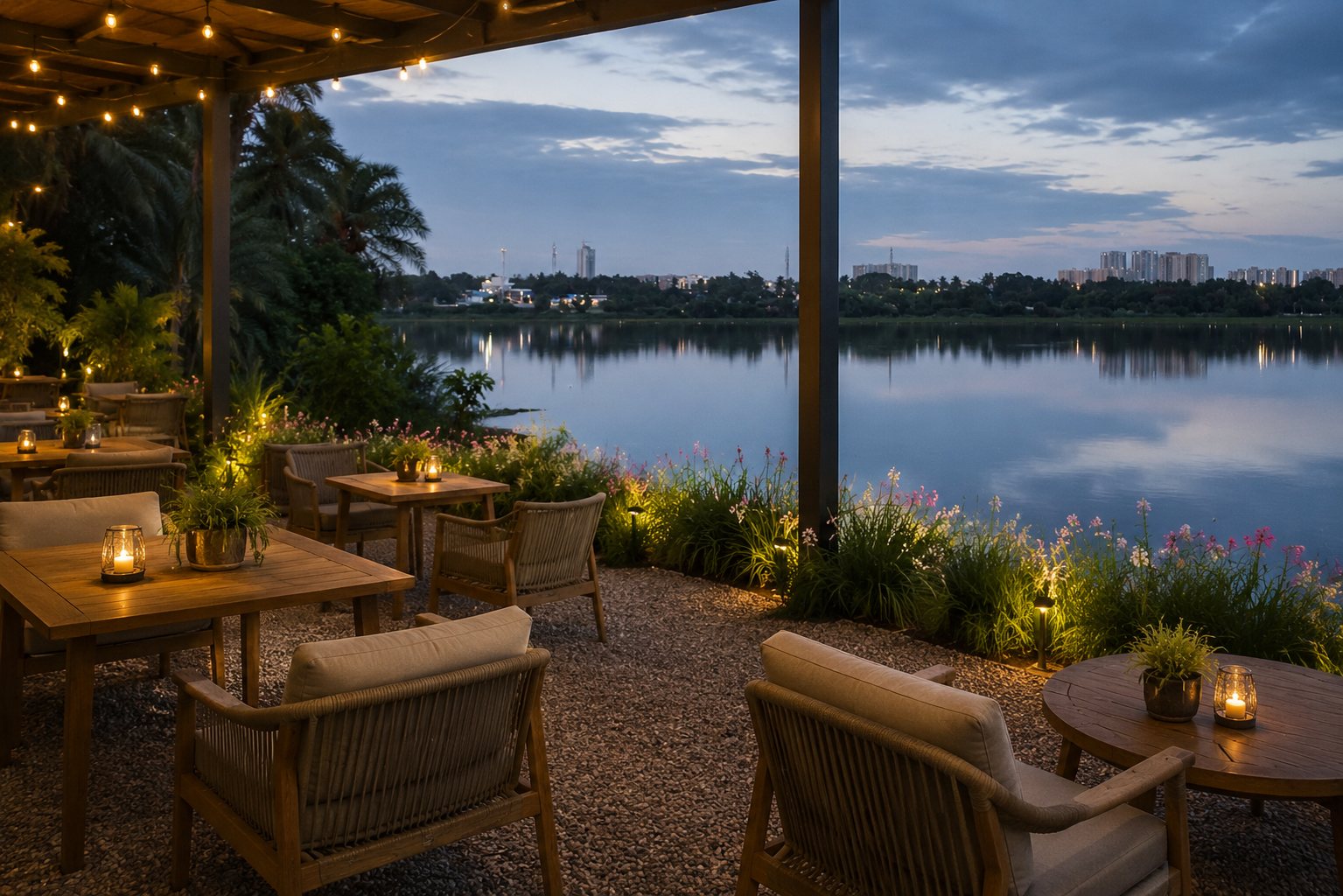 Lakeside café terrace at dusk
